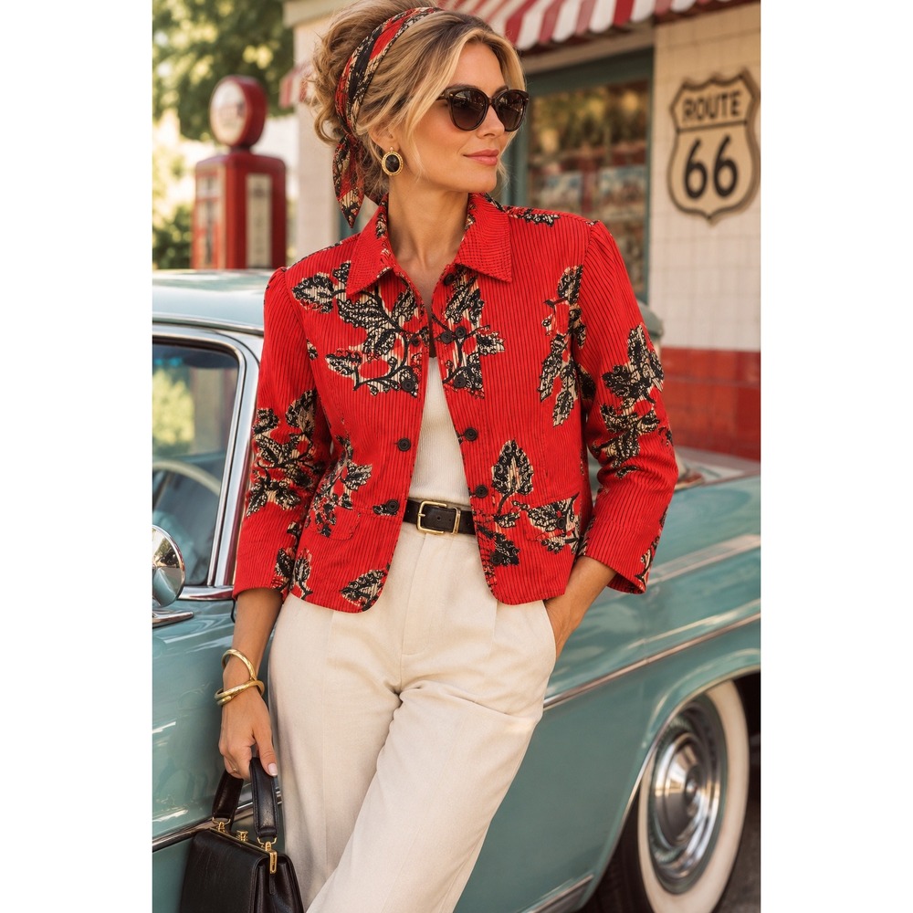 Vintage Evan Picone Orange Floral Striped Blazer Retro 90s Cropped Jacket 10 - Picture 3 of 7
